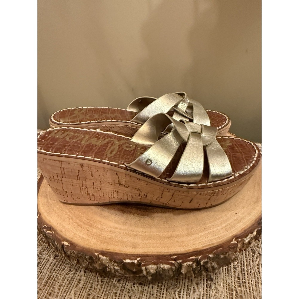 Sam Edelman Sz-6.5 Raynere gold leather slip Braided wedge sandals Worn 1X